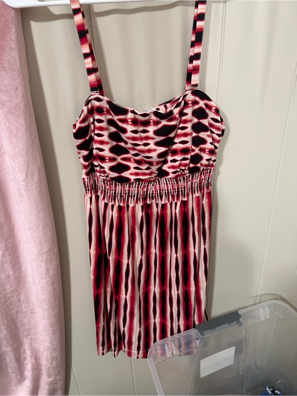 Soma Strapless Smocked Dress in Red and Black Print (REMOVABLE STRAPS)